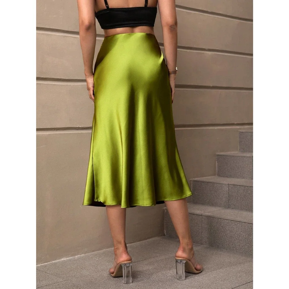 Satin Midi Skirt in Olive Green - Picture 2 of 8